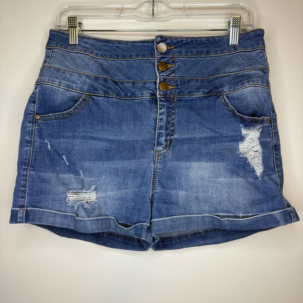 Tinseltown Blue Distressed High Waisted Cuffed Jean Shorts Size 13